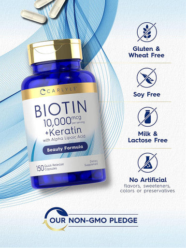 Carlyle Biotin 10000mcg | 150 Capsules | Beauty Formula with Keratin | Non-GMO Gluten Supplement