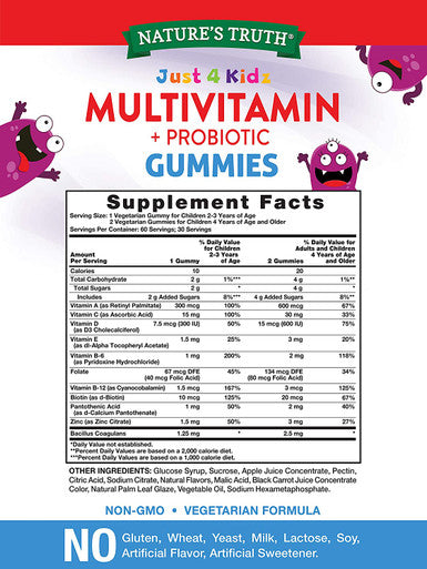 Kids Multivitamin Gummies with Probiotics | 60 Count | Vegetarian, Non-GMO, Gluten Supplement | Vitamin C, D3 & Zinc | Berry Punch Flavor | by Nature's Truth