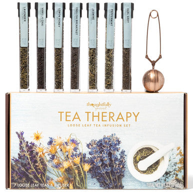 Thoughtfully Gourmet Tea Therapy Infusion Set 7 Unique Flavors and Reusable Copper Ball Infuser Loose Leaf Tea Set Flavors Include Peppermint Jasmine Vanilla Chai and More Set of 7