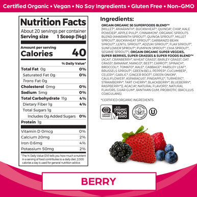 Orgain Organic Green Superfoods Powder, Berry - Antioxidants, 1 Billion Probiotics, Vegan, Dairy Free, Gluten Free, Kosher, Non-GMO, 0.62 Pound (Packaging May Vary)