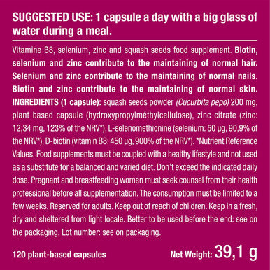 Laboratoires Nutrimea Biotin Hair & Nail Growth Supplement - Enriched with Zinc & Selenium - Contributes to Skin Care - 120 Vegan Capsules - French Expertise