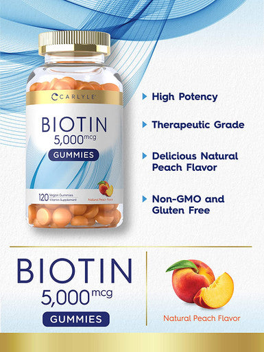 Carlyle Biotin Gummies | 5000mcg | 120 Count | Peach Flavor Supplement | Vegan, Non-GMO, Gluten Free