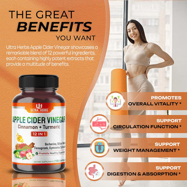 Ultra Herbs Organic Apple Cider Vinegar Capsules Enhanced with Cinnamon Turmeric - Ultra Supplement for Digestive Circulatory Immunity Support | 150 Capsules