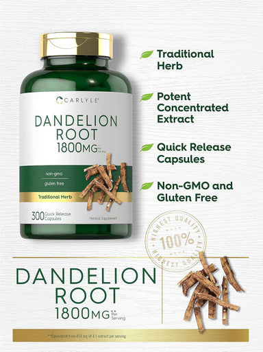 Carlyle Dandelion Root | 1800mg | 300 Capsules | Non-GMO Gluten Supplement