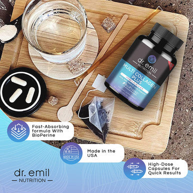 Dr. Emil Nutrition Multi Collagen Plus Pills Collagen Supplements to Support Hair Skin Nails Joints Gut Health Hydrolyzed Collagen Supplement with Type I II III V X Collagen Peptides.