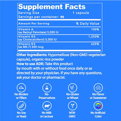 Life Strength Adk 90 Ct Physician Formulated Vitamins A1, D3 & K2 (As Mk7) Bone, Heart & Immune System Support Gluten Free, Soy Free, Non-Gmo (90 Count Pack Of 1)