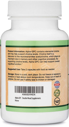 Alpha GPC Choline Brain Supplement for Acetylcholine 60 Count 600mg Servings Advanced Memory Formula Nootropics Brain Support Supplement Manufactured in The USA by Double Wood Supplements