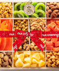 NUT CRAVINGS - Purim Mishloach Manot Dried Fruit & Mixed Nuts Gift Basket in Reusable Wooden Tray + Ribbon (12 Assortments) Ramadan Gifts Food Arrangement, Healthy Snack Care Package, Kosher