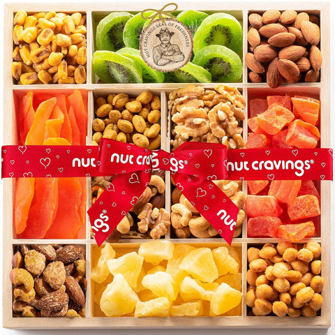 NUT CRAVINGS - Purim Mishloach Manot Dried Fruit & Mixed Nuts Gift Basket in Reusable Wooden Tray + Ribbon (12 Assortments) Ramadan Gifts Food Arrangement, Healthy Snack Care Package, Kosher