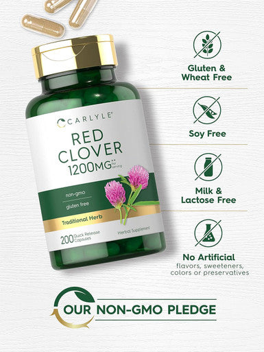 Carlyle Red Clover Capsules 1200mg | 200 Count | Trifolium Pratense | Non-GMO Gluten | Red Clover Blossom Extract Supplement