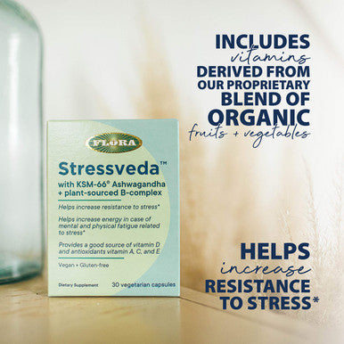 Flora Stressveda with KSM66 Ashwagandha Plantsourced BComplex Can Help with Low Energy and Mental Fatigue Vitamin D and Antioxidants A C E Vegan and GlutenFree 30 Vegetarian Capsules