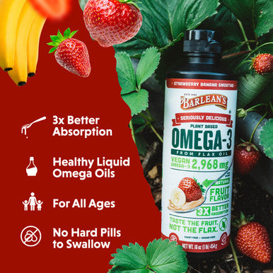 Barlean's Strawberry Banana Omega 3 Liquid Flaxseed Oil With 2 968 Mg Vegan Omegas 3 6 9 Smoothie Supplements For Kids and Adults From Cold Pressed Flax Seed Oil Non-Gmo and Gluten Free 16 Oz