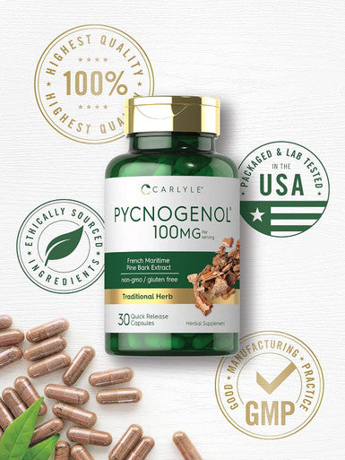 Carlyle Pycnogenol 100 mg | 30 Capsules | Non-GMO and Gluten Formula | French Maritime Pine Bark Extract Supplement