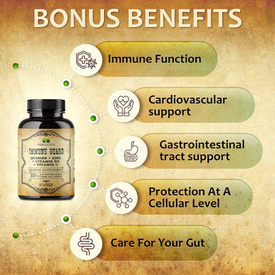Herbalicious Quinine Immune Guard - Quinine Capsules Supplement with Vitamin C D3 Zinc - for Muscle Cramps Relief & Stomach Wellness - Non-GMO Cinchona Bark Herbal Supplements - 500mg 60 Capsules