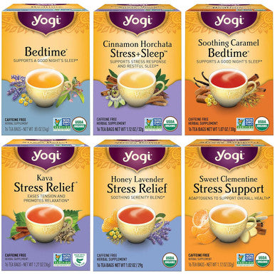 Yogi Tea Stress Relief & Herbal Tea Variety Pack - 16 Tea Bags per Pack (6 Packs) - Organic Herbal Tea Sampler - Includes Bedtime Tea Kava Stress Relief Tea Soothing Caramel Bedtime Tea & More