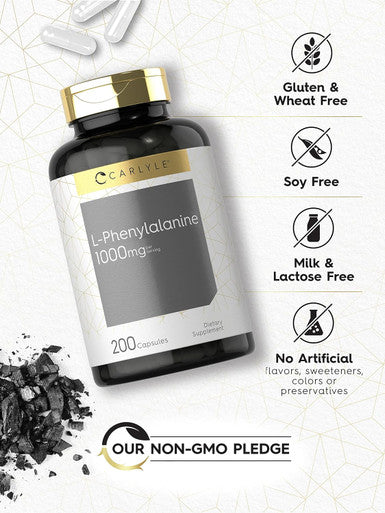 Carlyle L Phenylalanine 1000mg | 200 Capsules | Non-GMO and Gluten Formula | Form L-Phenylalanine Supplement