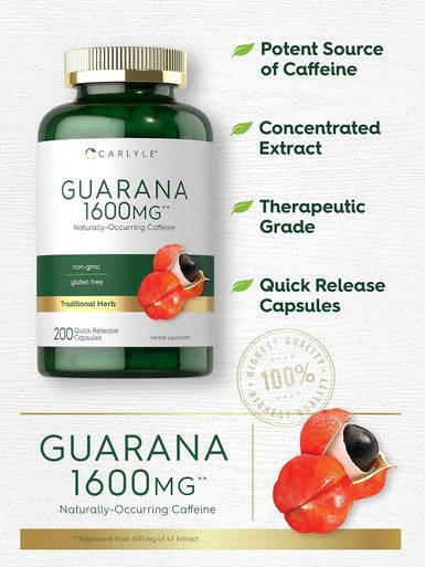 Carlyle Guarana Extract Capsules | 1600mg | 200 Count | Non-GMO Gluten Extract | Naturally Occurring Caffeine