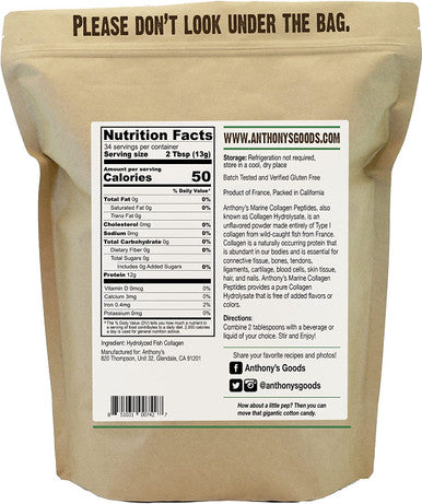 Anthonys Hydrolyzed Marine Collagen Peptides 1 lb Gluten Free Paleo Keto Friendly Unflavored Non GMO