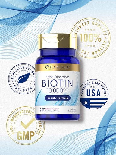 Carlyle Biotin 10000mcg | 250 Fast Dissolve Tablets | Max Strength | Vegetarian Non-GMO Gluten Supplement