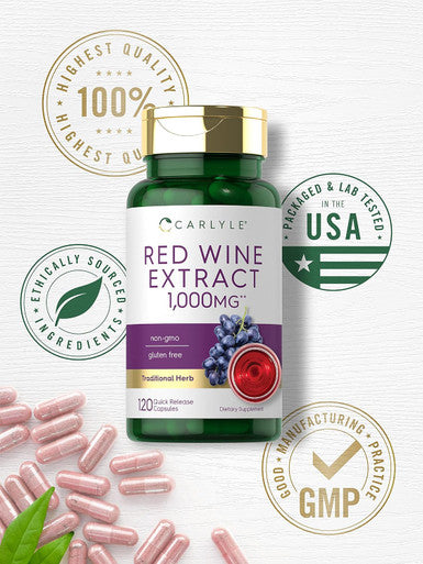 Carlyle Red Wine Extract Capsules | 1000mg | 120 Count | Non-GMO and Gluten Supplement