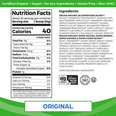 Orgain Organic Green Superfoods Powder Original Antioxidants 1 Billion Probiotics Vegan Dairy Gluten Kosher NonGMO 0.62 Pound Packaging May Vary
