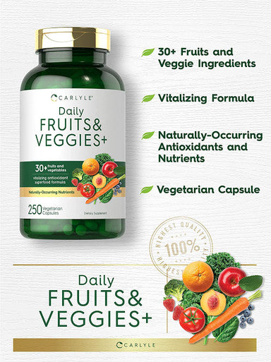 Carlyle Fruits and Veggies Supplement | 250 Capsules | Made with 32 Fruits and Vegetables | Vegetarian, Non-GMO, Gluten Free Superfood Formula