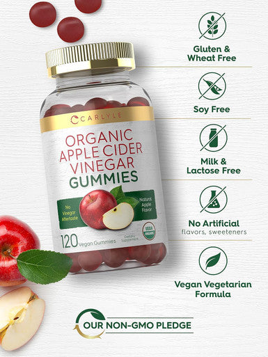 Carlyle Organic Apple Cider Vinegar Gummies | 120 Count | USDA Organic | Vegan Non-GMO & Gluten- ACV Gummies | Apple Flavor