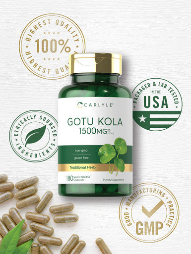 Gotu Kola Capsules 1500Mg | 180 Count | Non-Gmo, Gluten Free | Traditional Herb Extract | By Carlyle