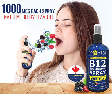 Promise Vitamin B12 Sublingual Spray 1000mcg, Instant Bioavailability, Boost Energy Production, Natural Berry Flavour, Made in Canada (60ml + 40ml FREE - 625 sprays)