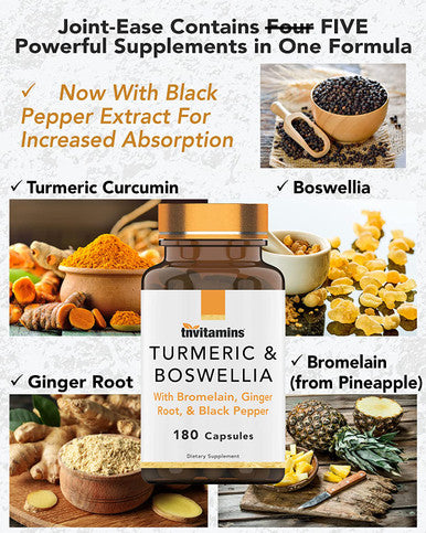 tnvitamins Turmeric & Boswellia Complex (180 Capsules) with Ginger Root , Bromelain, & Black Pepper Extract | Joint-Ease Formula: Powerful Joint Support Supplement* | Produced in The USA