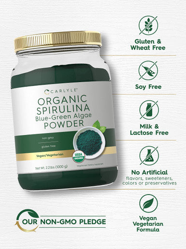 Carlyle Organic Spirulina Powder For Smoothies 2.2 Lbs Blue Green Algae 8G Spirulina Per Serving Vegan, Non-Gmo, Gluten