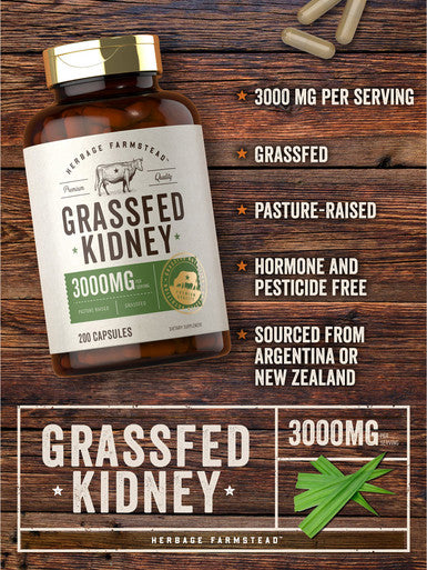 Grass Fed Beef Kidney Capsules | 200 Count | 3000Mg | Pasture Raised Desiccated Bovine Supplement | Hormone And Pesticide Free