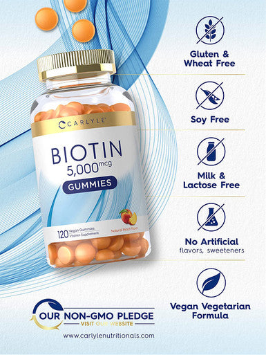 Carlyle Biotin Gummies | 5000mcg | 120 Count | Peach Flavor Supplement | Vegan, Non-GMO, Gluten Free