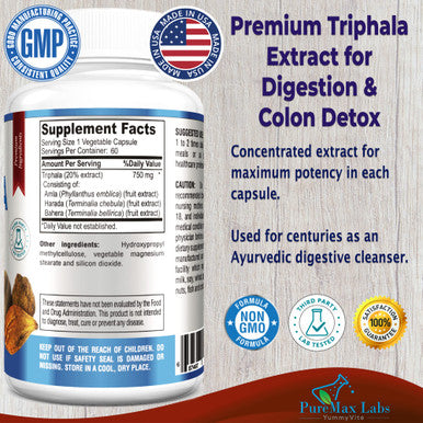 YUMMYVITE Triphala Capsules - Combination Of Amla, Harada (Haritaki) & Bahera (Bibhitaki) - Digestion & Colon Support, Immune System Support - 60 Capsules