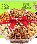 NUT CRAVINGS - Purim Mishloach Manot Mixed Nuts Gift Basket in Red Gold Box (7 Assortments, 1 LB) Ramadan Gifts Treats for Adults, Food Arrangement, Healthy Snack Care Package, Kosher