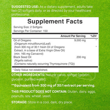 Deal Supplement Oil of Oregano Softgels with Black Seed Oil 9000mg Per Serving 300 Count 30:1 Extract Active Carvacrol & Thymoquinone Antioxidant Immune Health Support Plant Based GMO-