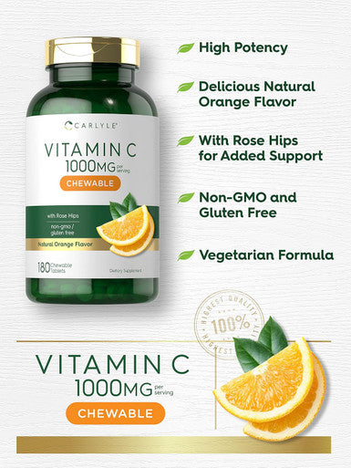 Carlyle Vitamin C Chewables | 1000mg | 180 Chewable Tablets | Vegetarian Non-GMO Gluten Supplement