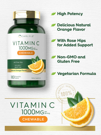 Carlyle Vitamin C Chewables | 1000Mg | 180 Chewable Tablets | Vegetarian, Non-Gmo, Gluten Free Supplement
