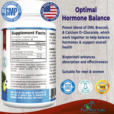 YUMMYVITE Dim Supplement - 150Mg Dim (Diindolylmethane), Broccoli, Calcium D-Glucarate & Bioperine - Hormone Balance For Men & Women, Estrogen, Menopause Balance - 60 Capsules