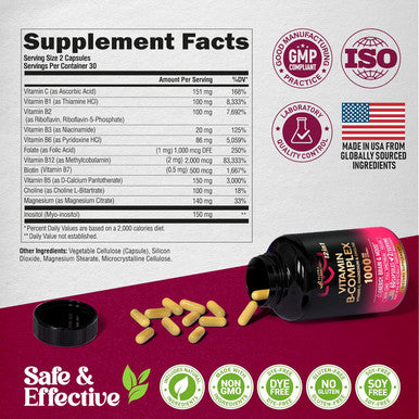 Vitamin B Complex For Men & Women - Made In Usa - B-Complex: B1, B2, B3, B5, B6, B7, B8, B9, B12 With Vitamin C, Choline, Inositol - Energy, Brain & Heart Support Supplement, 60 Vegan Capsules