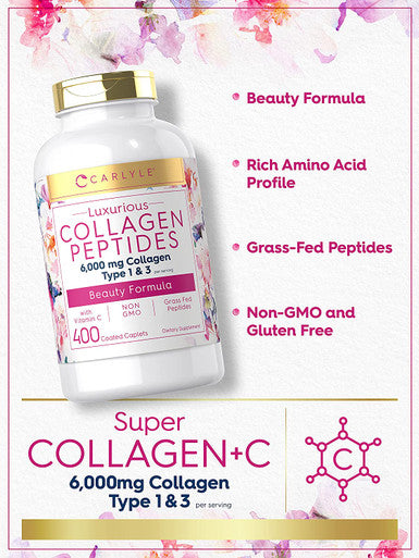Multi Collagen Pills 6000mg | 400 Capsules | Collagen Peptides with Vitamin C | Type 1 and 3 | Non-GMO, Gluten Free, Grass Fed | Carlyle