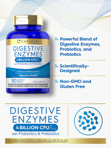Carlyle Digestive Enzymes | With Probiotics & Prebiotics | 180 Capsules | Vegetarian, Non-Gmo And Gluten Free Supplement