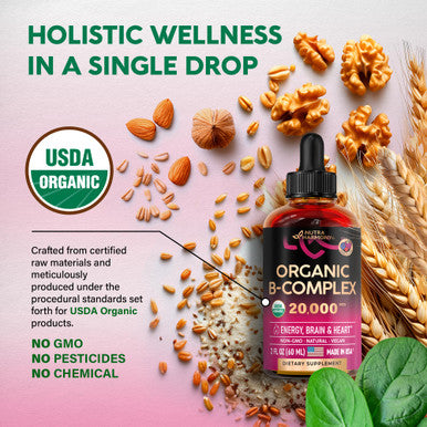 NUTRAHARMONY Usda Organic Vitamin B-Complex B5 Pantothenic Acid | B12 Methylcobalamin | B1 Thiamine | B6 Pyridoxine | B7 Biotin | B9 Folic | B3 Niacinamide - B Complex Liquid Drops, Made In Usa Supplement, 2Fl Oz
