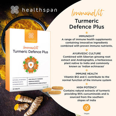 Healthspan Turmeric 200mg (1 Month Supply) | 4,000mg Fresh Turmeric Root | with Added Vitamins B12 & C with Siberian Ginseng Extract | Immune Health | Vegan
