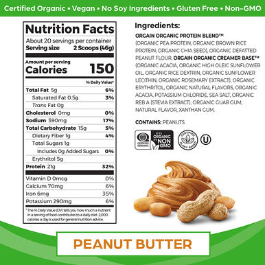 Orgain Bundle Vanilla Protein Powder and Peanut Butter Protein Powder 20 Servings Each Vegan Low Net Carbs Made Without Dairy Gluten and Soy