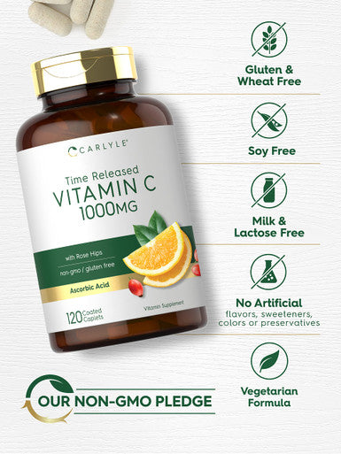 Carlyle Vitamin C 1000Mg | Timed Release | 120 Vegetarian Caplets | With Rose Hips | Non-Gmo & Gluten Free Supplement