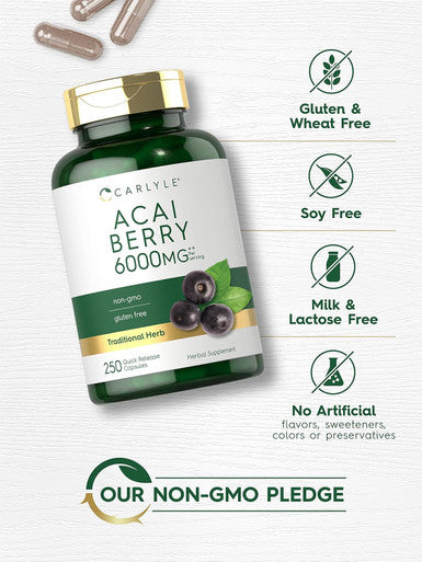 Carlyle Acai Berry Capsules 6000mg | 250 Count | Non-GMO & Gluten Acai Berry Extract