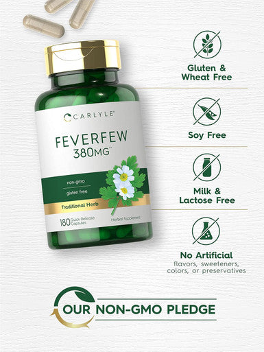 Carlyle Feverfew Capsules 380mg | 180 Count | Traditional Herb Extract | Non-GMO Gluten