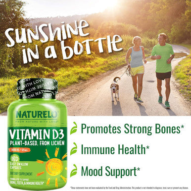 Naturelo Vitamin D - 5000 Iu - Plant Based From Lichen - Natural D3 Supplement For Immune System, Bone Support, Joint Health - High Potency - Vegan - Non-Gmo - Gluten - 180 Capsules