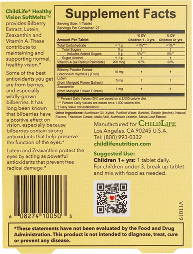 CHILDLIFE ESSENTIALS Healthy Vision SoftMelts - for Infants, Babies, Kids, Toddlers, Children, and Teenagers - Natural Berry Flavor - 27 Tablets